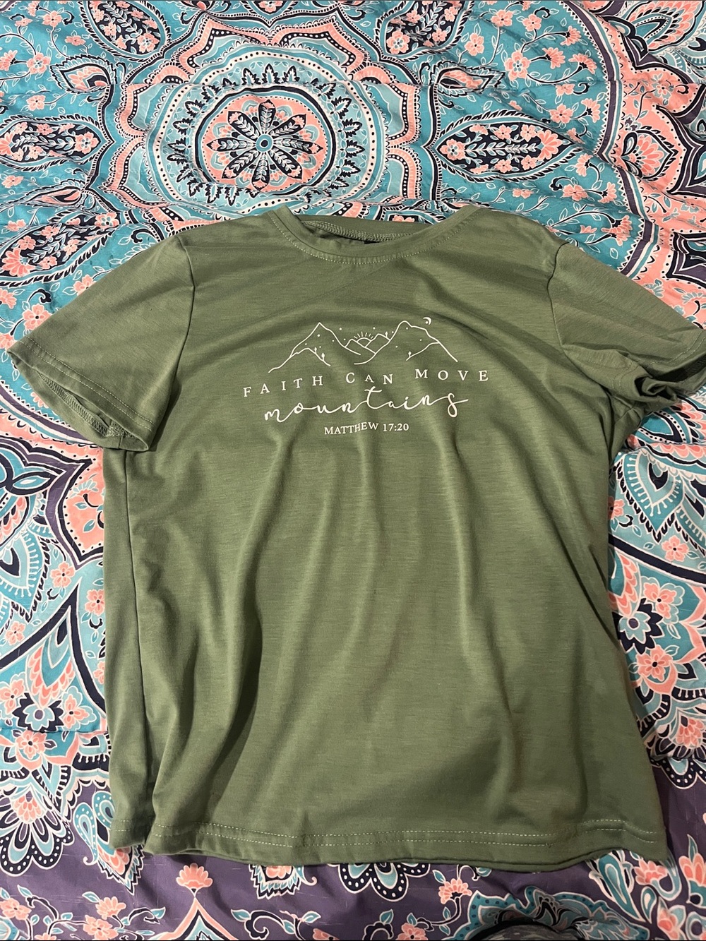 SHEIN Olive Green 'Faith Can Move Mountains' Graphic Tee